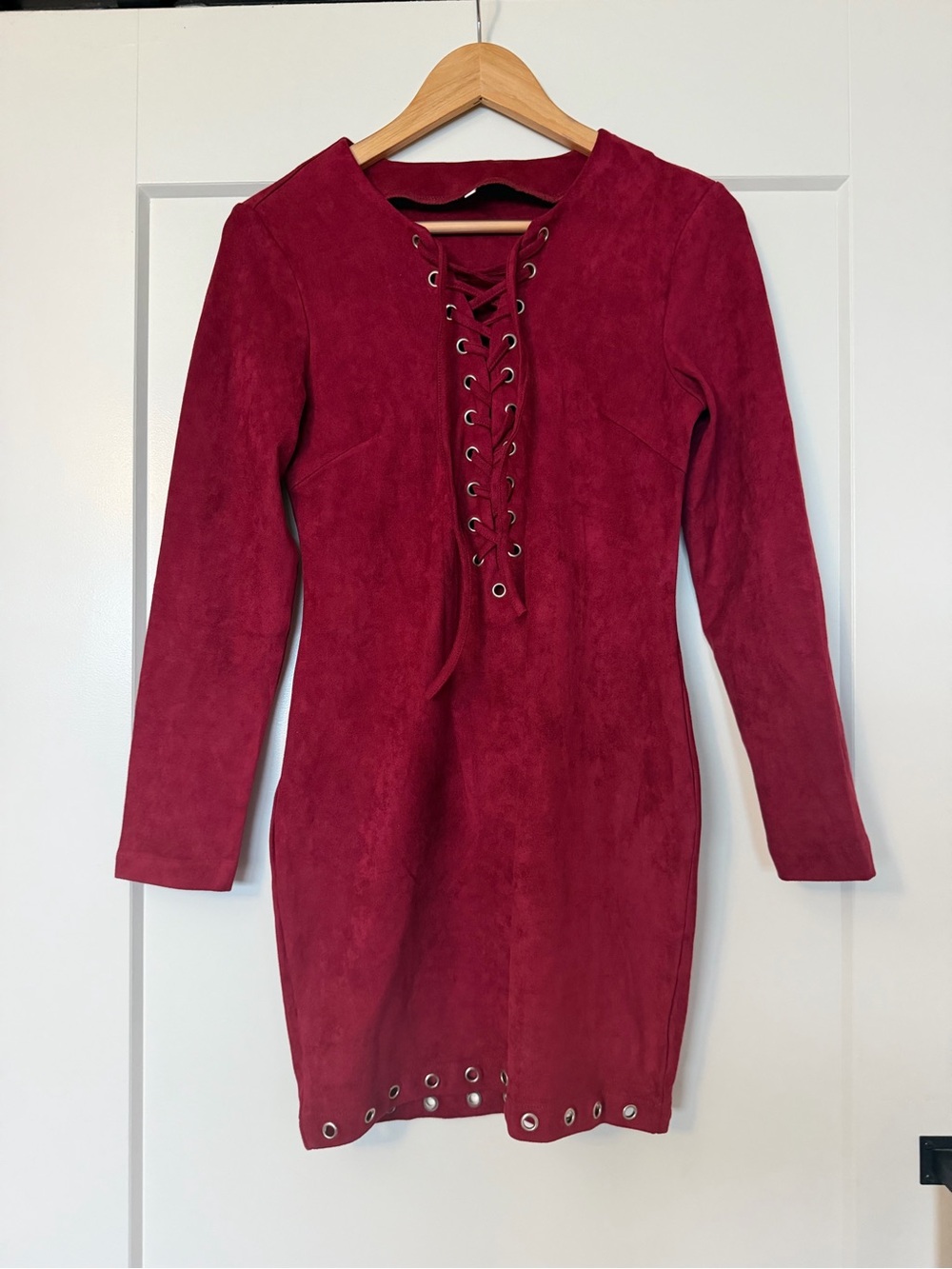 Women’s Lace‑Up Burgundy Long‑Sleeve Dress